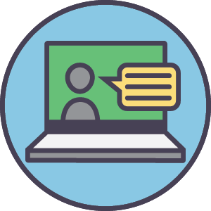 Icon of a person talking on a laptop screen.